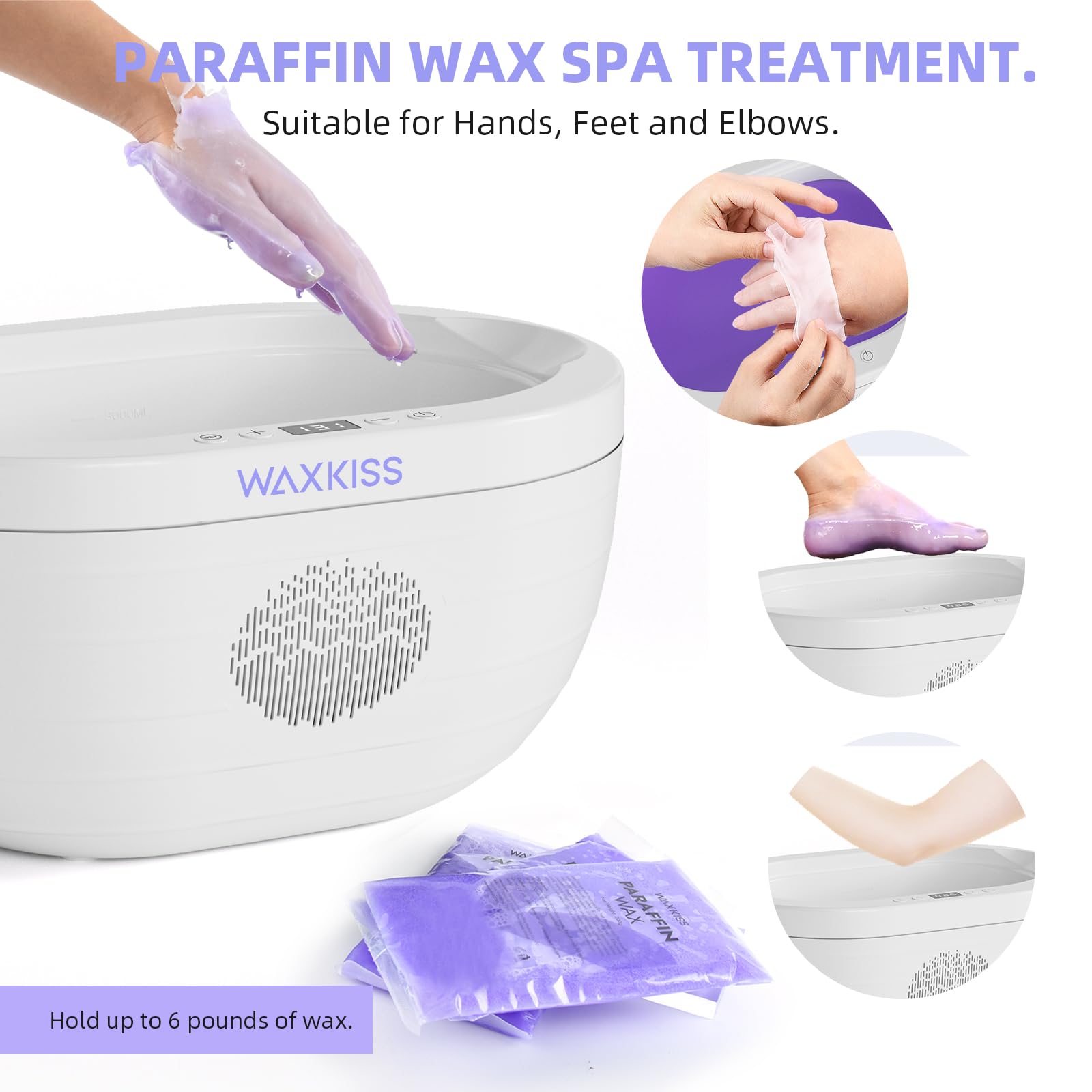 Waxkiss paraffin machine reservoir close-up highlighting safe design.