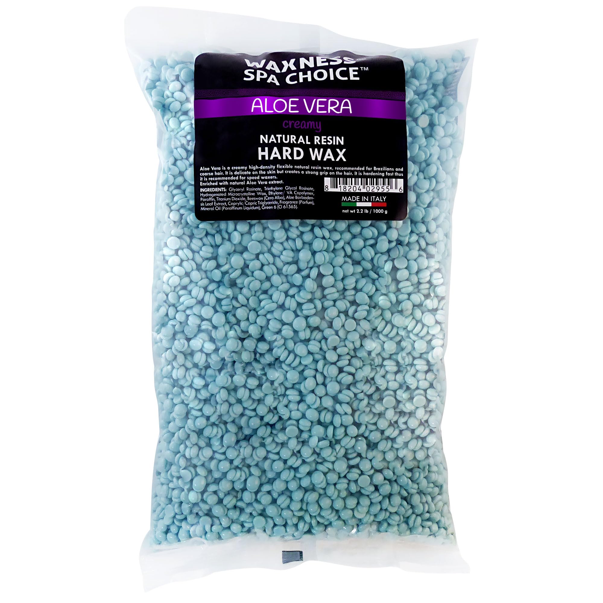 Waxness Spa Choice Aloe Vera Hard Wax Beads packaging highlights premium Italian formulation for at-home waxing.