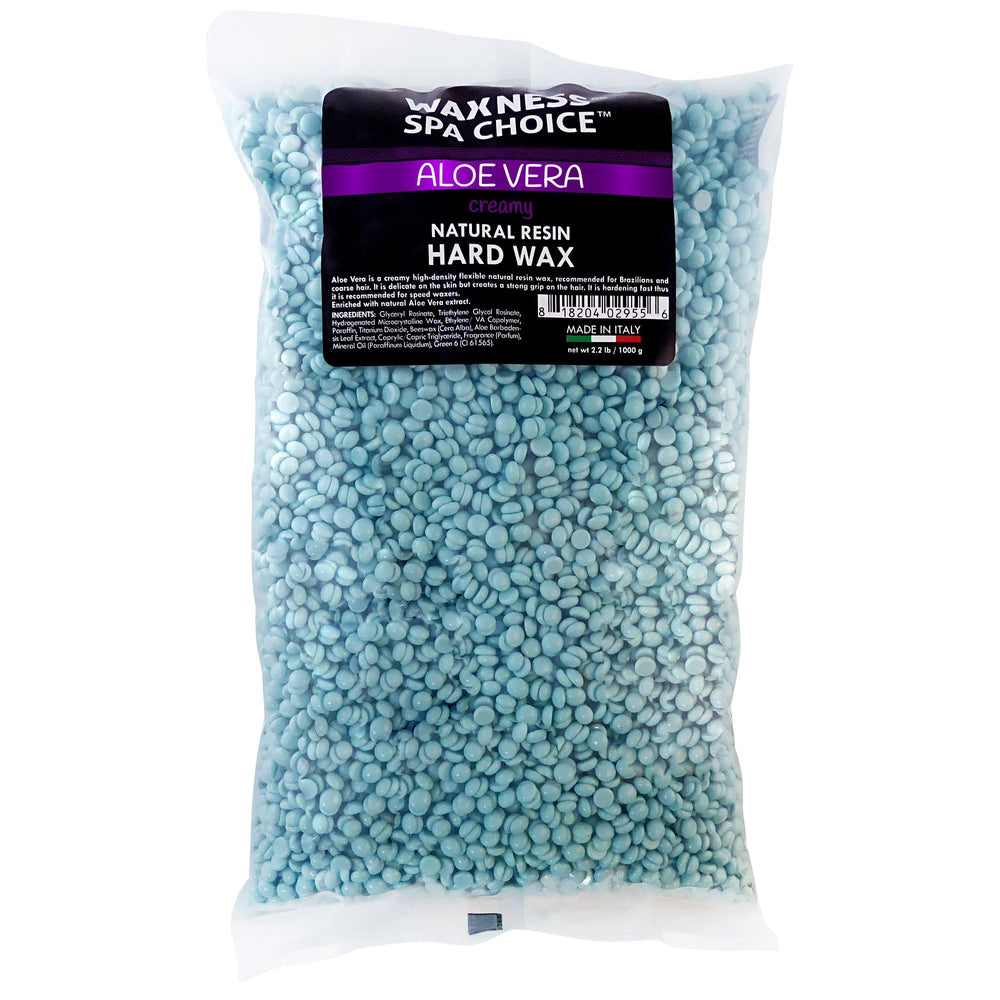 Waxness Spa Choice Aloe Vera Hard Wax Beads packaging highlights premium Italian formulation for at-home waxing.
