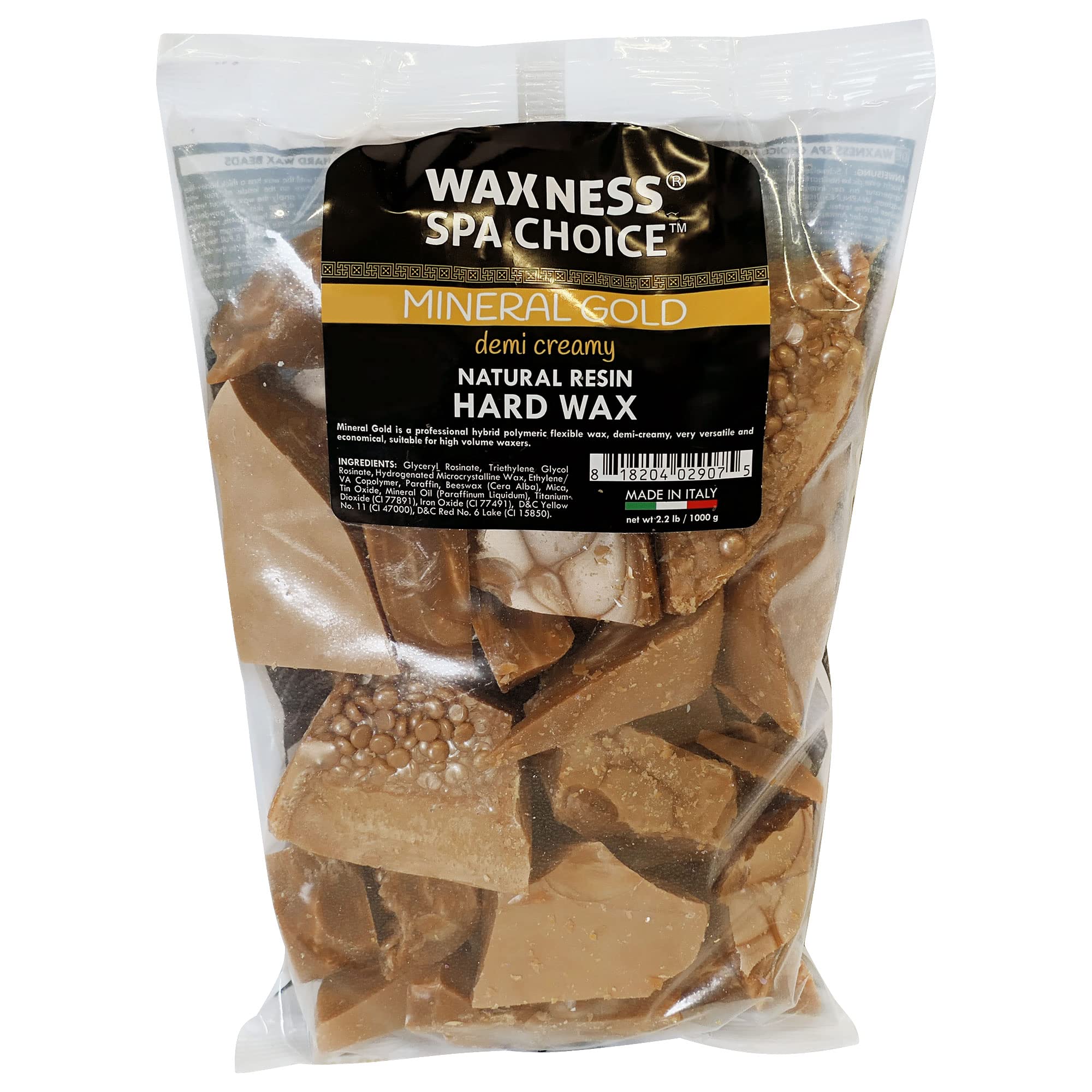 Waxness Spa Choice Mineral Gold Demi Creamy hard wax beads offer flexible pull for smooth client experiences.