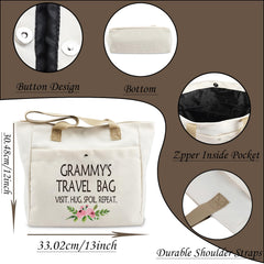 WCGXKO Grammy tote side pocket open illustrates quick access to essentials during travel.