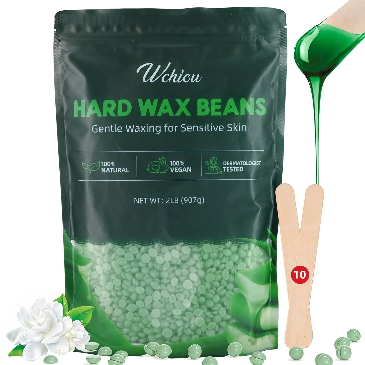 Wchiou wax beads with aloe vera in a 2lb jar for gentle at-home waxing.