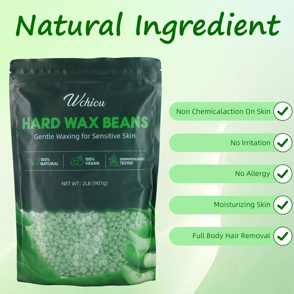 Wchiou wax beads closeup showing smooth aloe vera formula for sensitive skin.