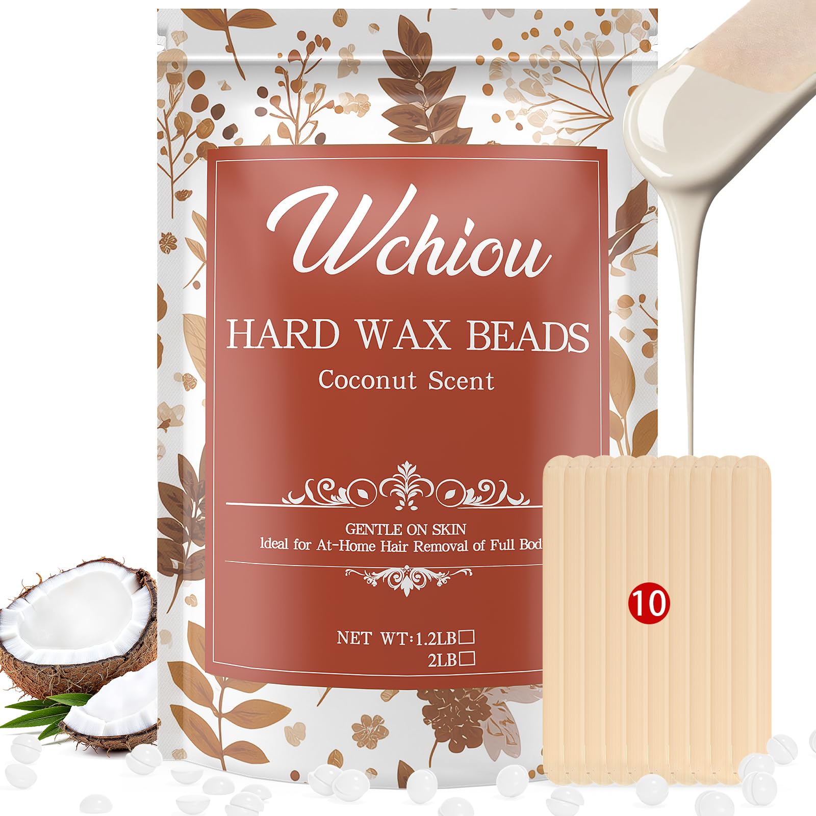 Wchiou coconut formula wax beads packaging indicating sensitive-skin-friendly care
