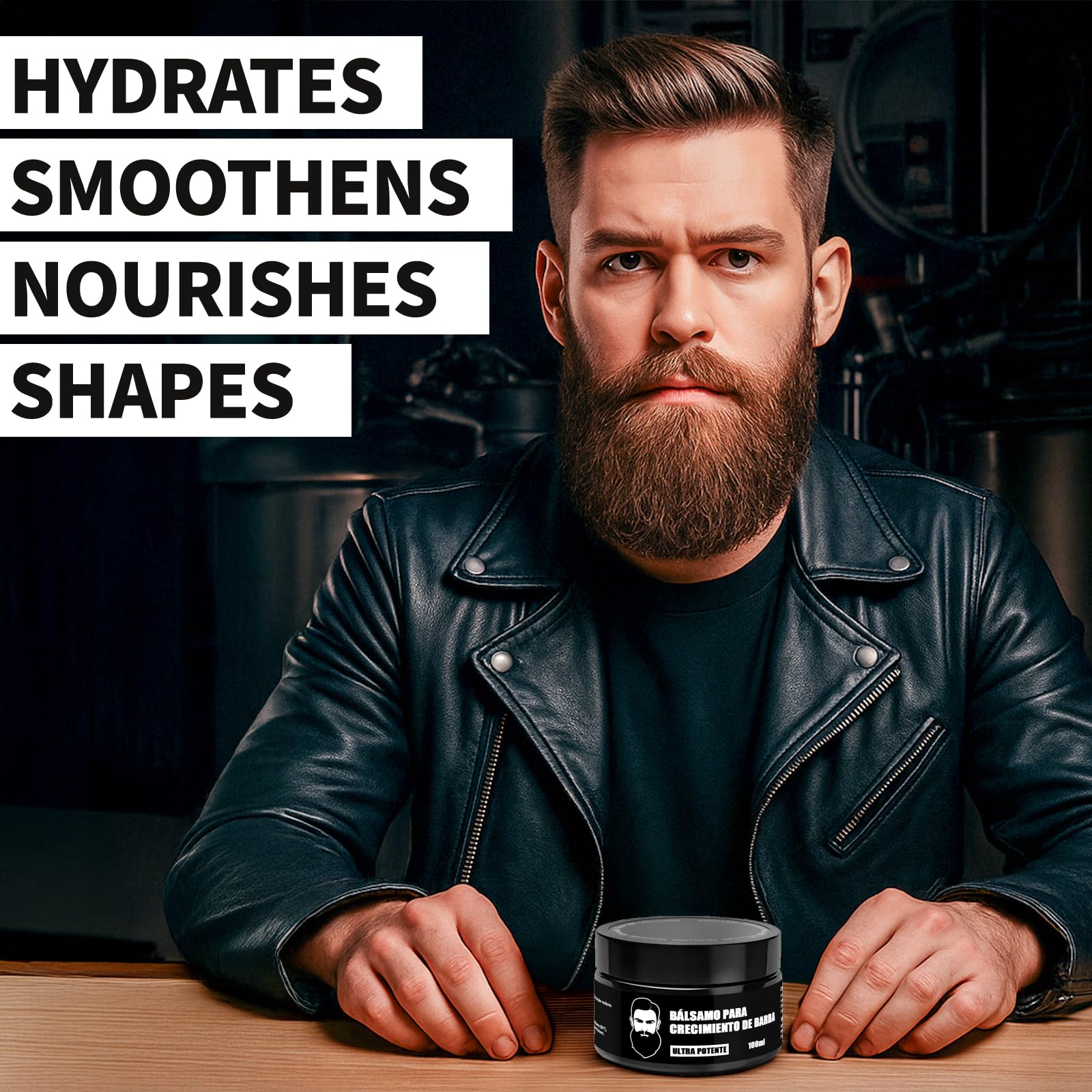 Wdvpue Estimulante Barba jar beside skin illustrates hydration for facial area.