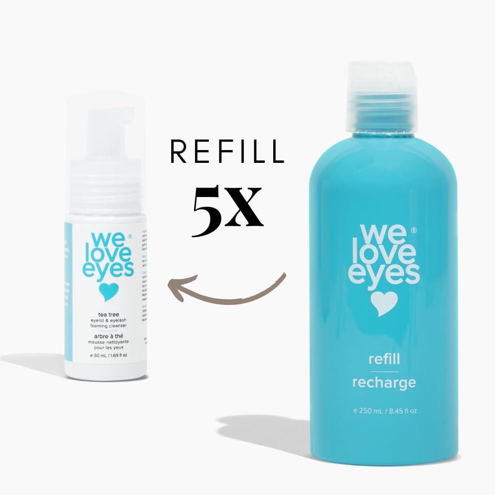 We Love Eyes Tea Tree Eyelid Foaming Cleanser close up lids for gentle cleansing.