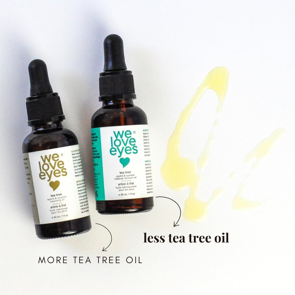 We Love Eyes tea tree oil droplets on skin demonstrating cleansing action