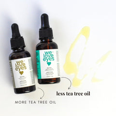 We Love Eyes tea tree oil droplets on skin demonstrating cleansing action