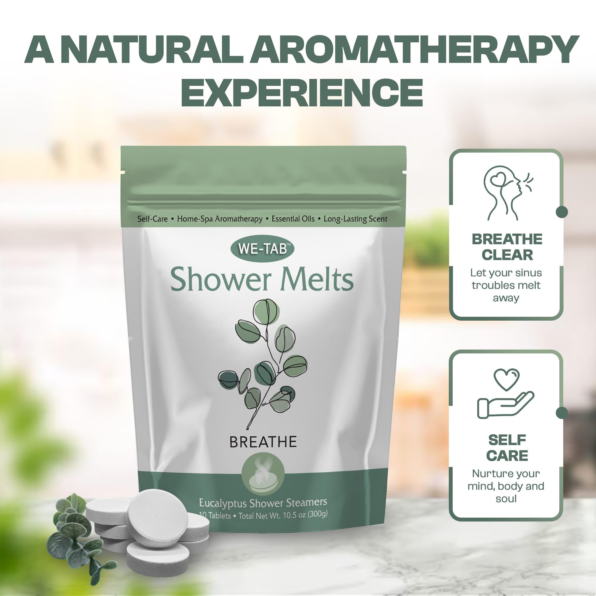 We-Tab eucalyptus oil bottle suggests pure essential oils for a spa like experience