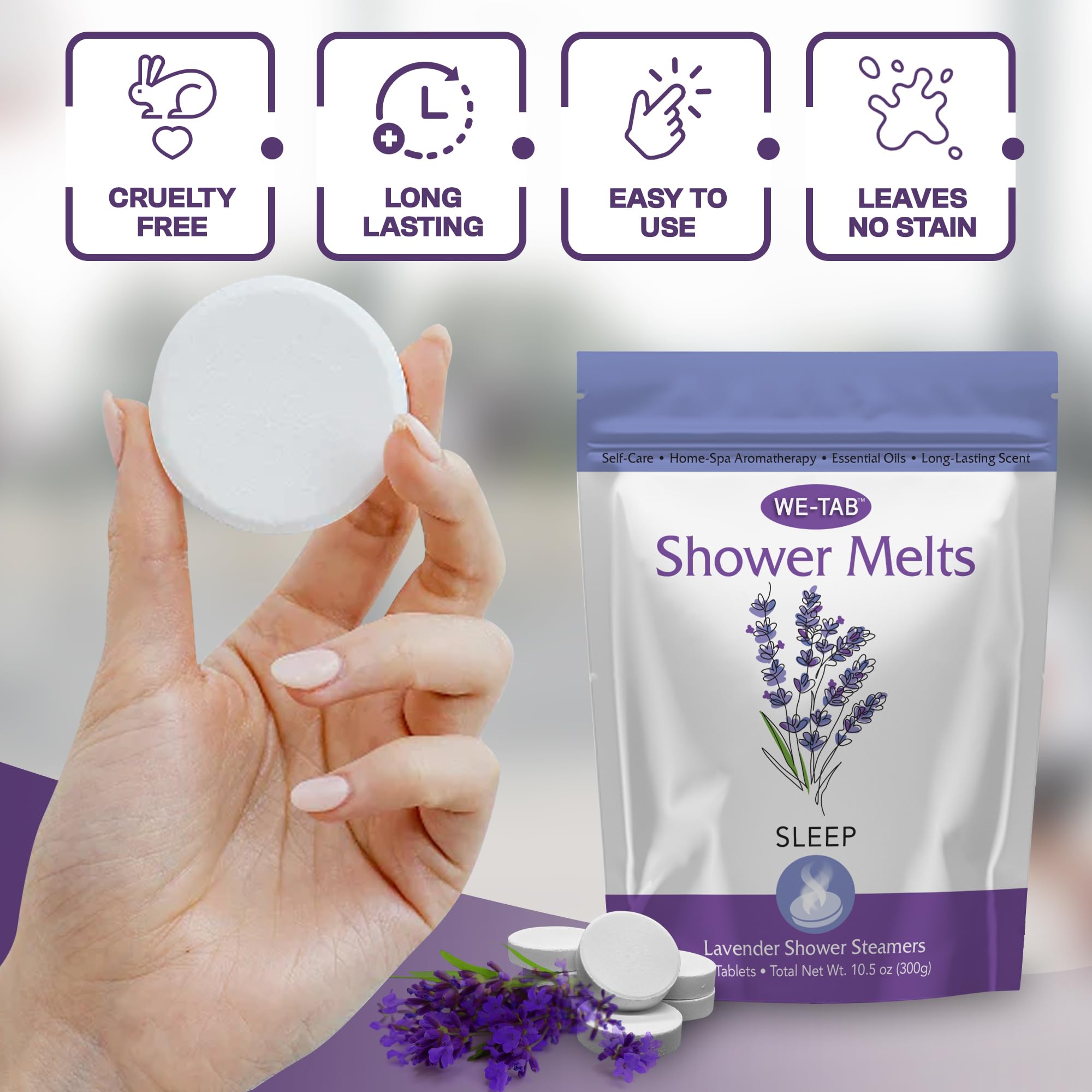 We-Tab lavender-aroma-release delivers spa-like scent as steam activates.