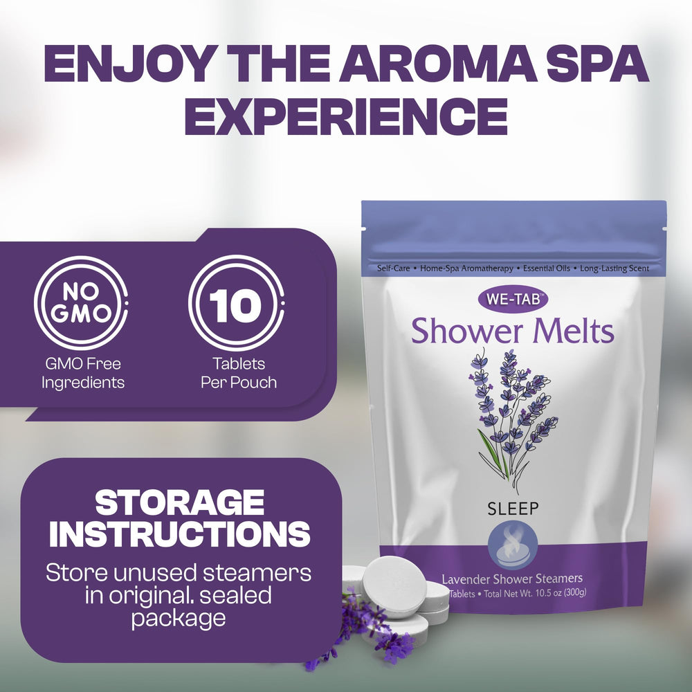 We-Tab lavender-relaxation ritual supports unwinding in the shower.