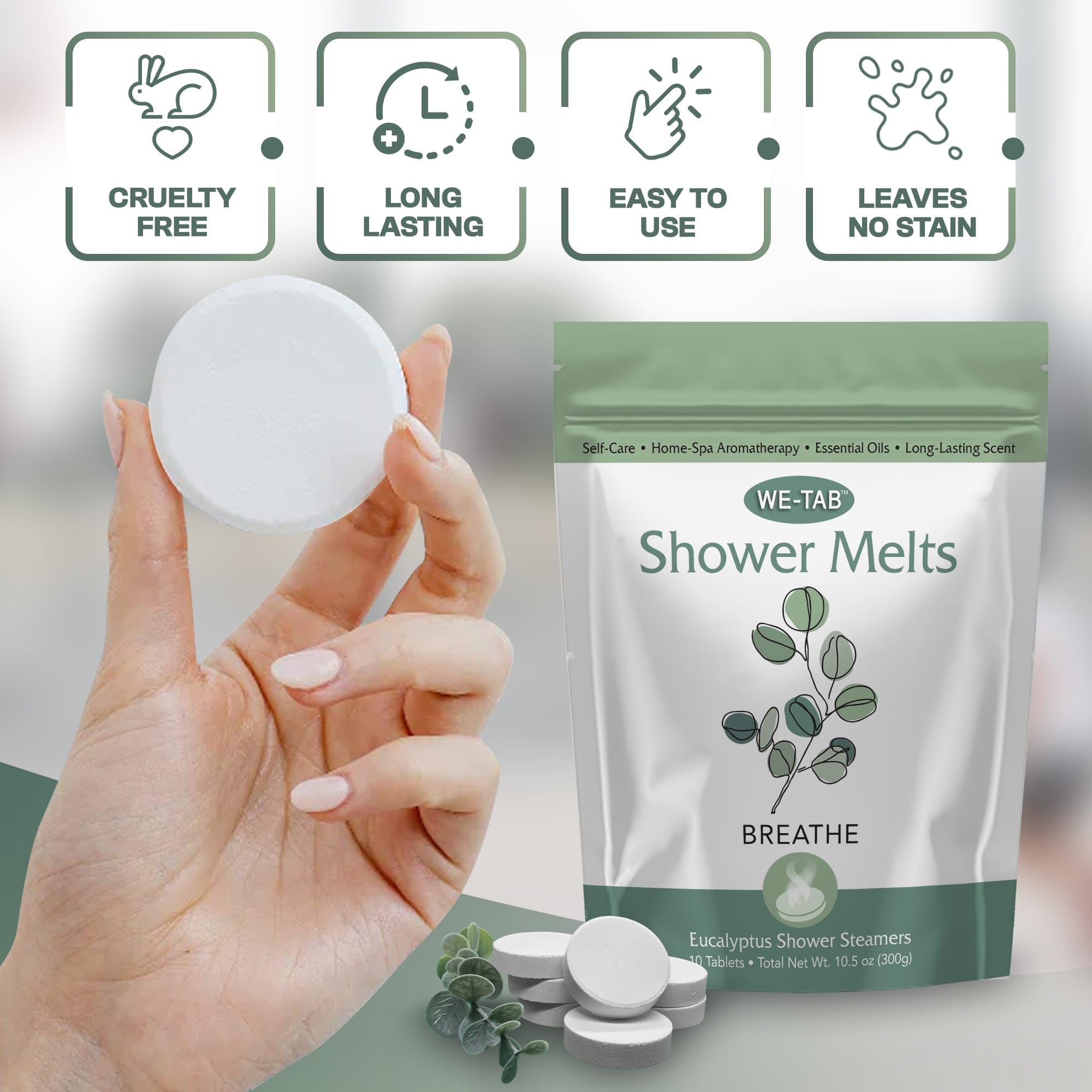 We-Tab Shower Steamers on shower floor as steam activates eucalyptus scent for clarity