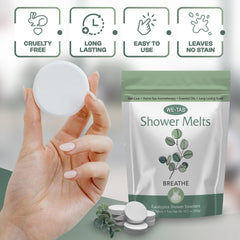 We-Tab Shower Steamers on shower floor as steam activates eucalyptus scent for clarity