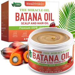 Wealthskin Batana Oil bottle shows pure Honduran origin for hair growth.