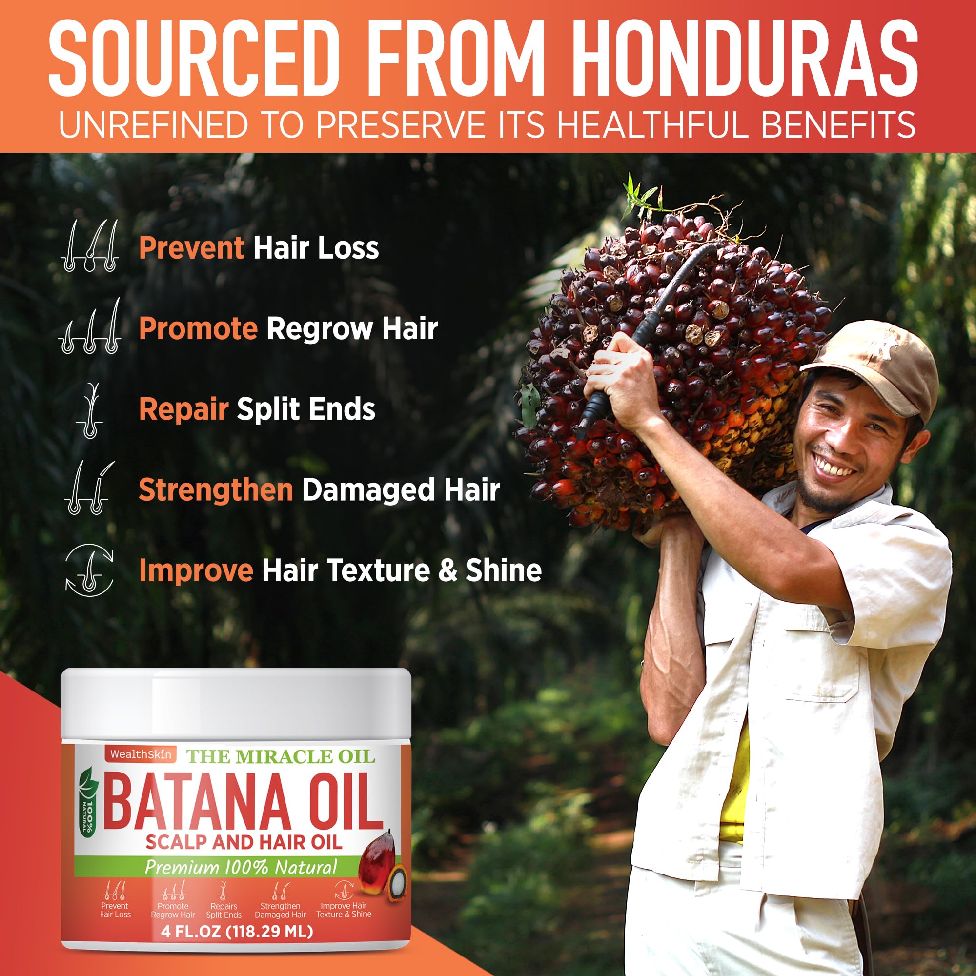 Wealthskin Batana Oil ingredients close-up shows key nutrients.