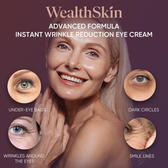 Wealthskin eye cream dispensed on ring finger for targeted application.