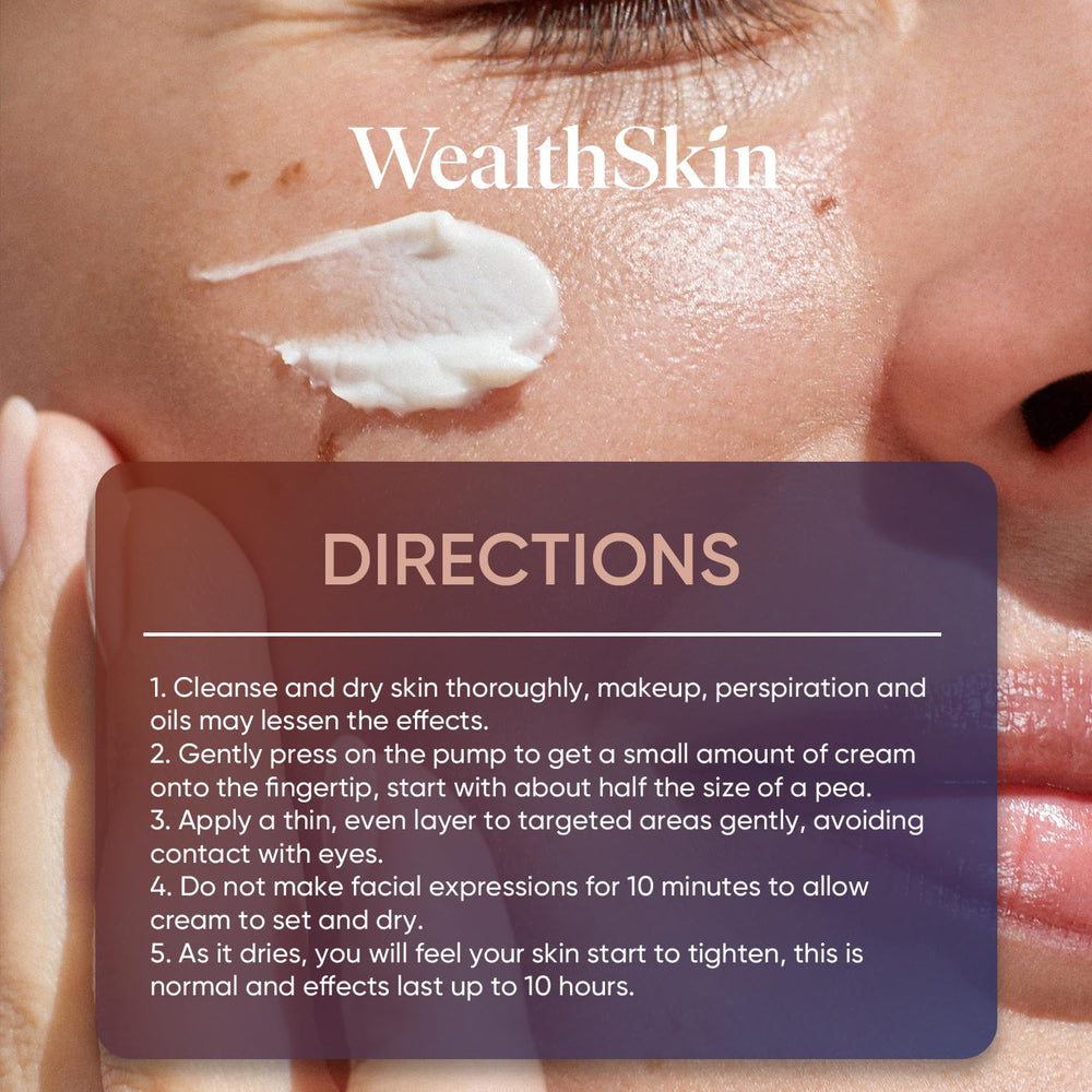 Wealthskin close-up highlights film-forming agents smoothing wrinkles for even texture.