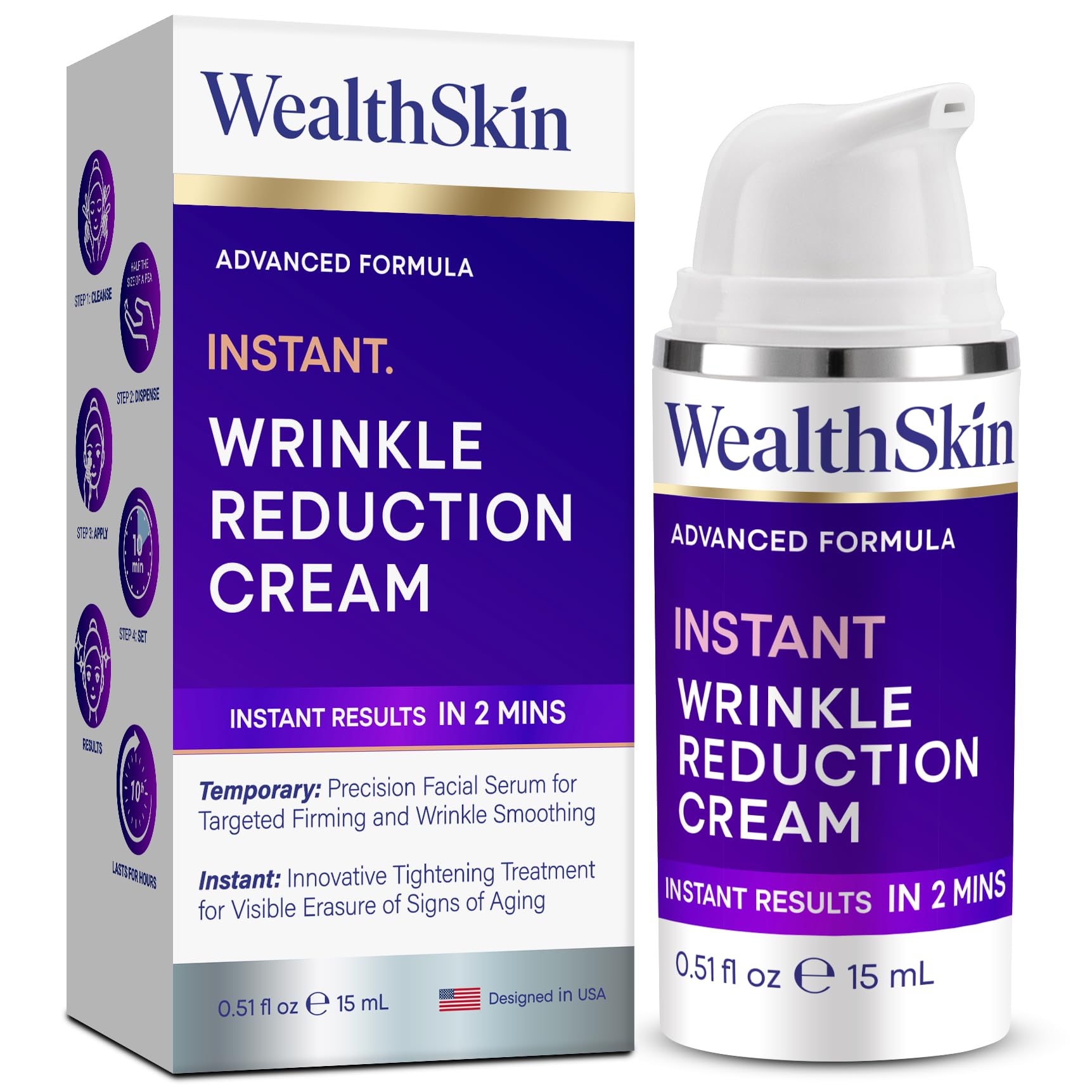 Wealthskin Instant Rapid Wrinkle Eye Cream tube ready for under-eye use with quick tightening.