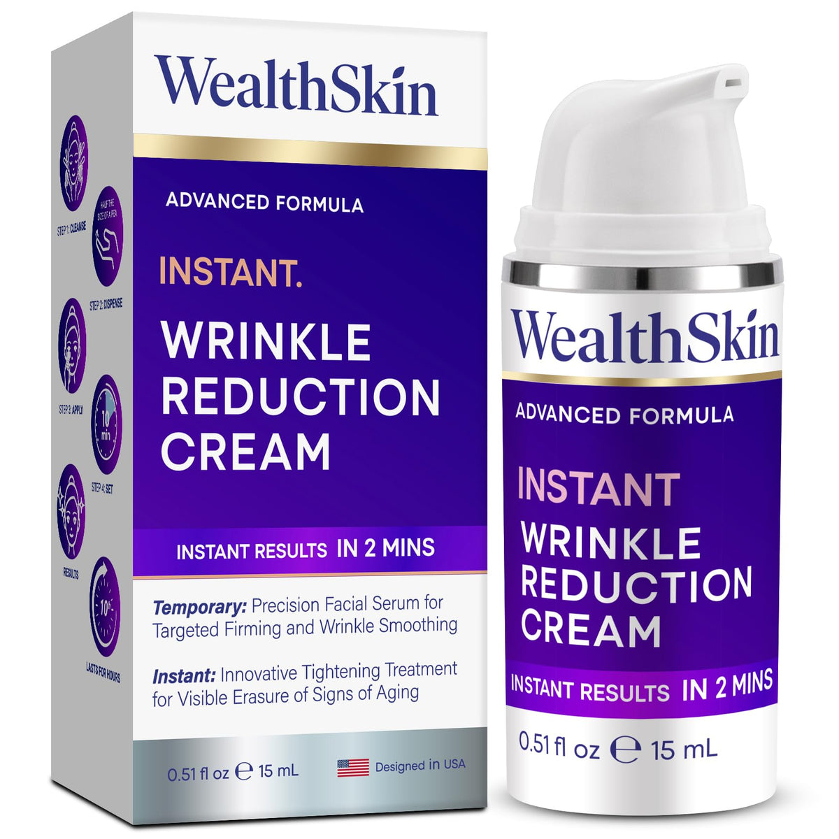 Wealthskin Instant Rapid Wrinkle Eye Cream tube ready for under-eye use with quick tightening.
