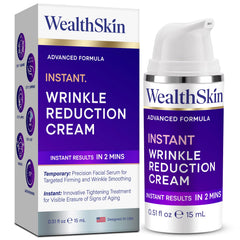 Wealthskin Instant Rapid Wrinkle Eye Cream tube ready for under-eye use with quick tightening.