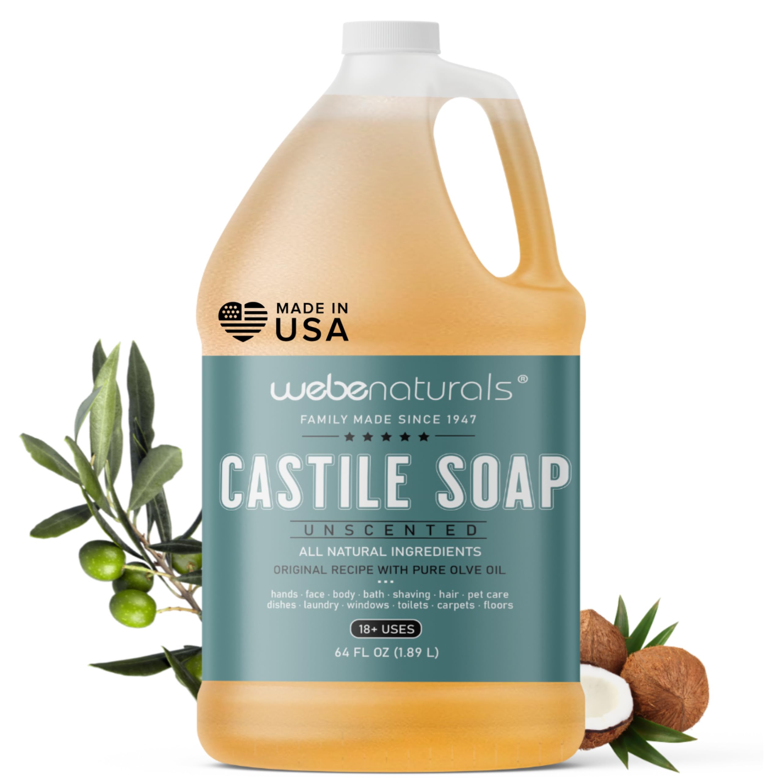 WEBE Pure Unscented Castile refill bottle pouring, eco-friendly waste reduction.