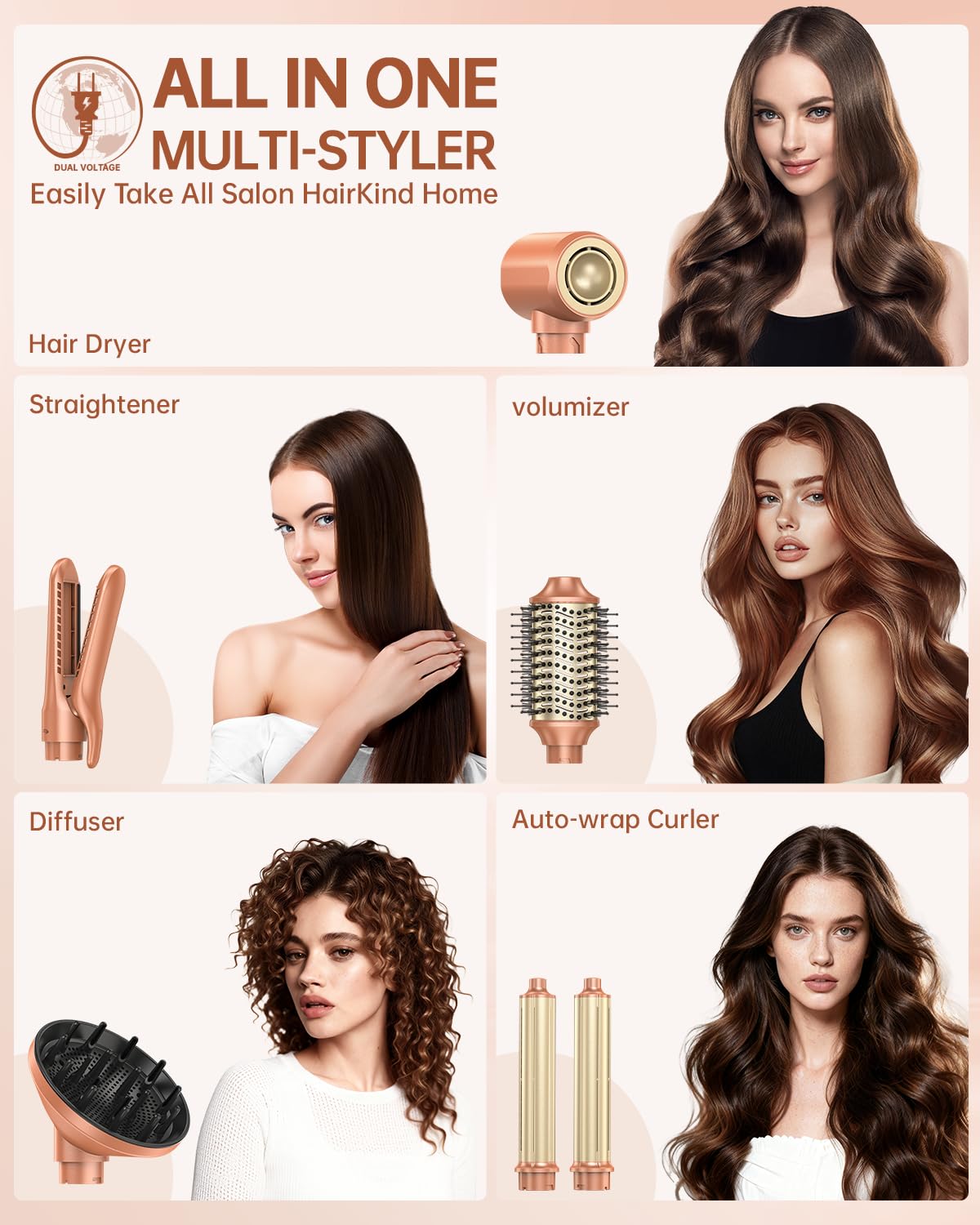 webeauty dual-voltage 6in1 styler in action drying hair quickly