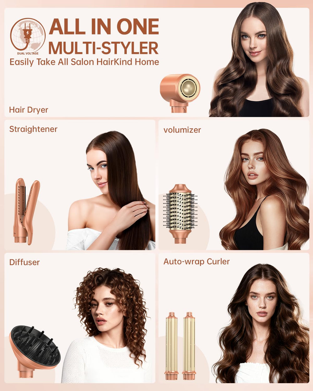 webeauty dual-voltage 6in1 styler in action drying hair quickly