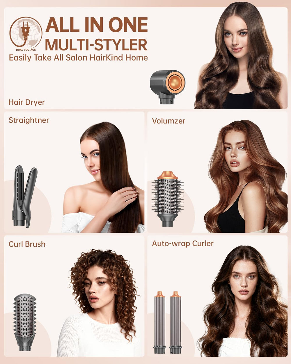 WeBeauty dual voltage hair styler attachments image demonstrates versatile 7-in-1 tool for multiple textures.