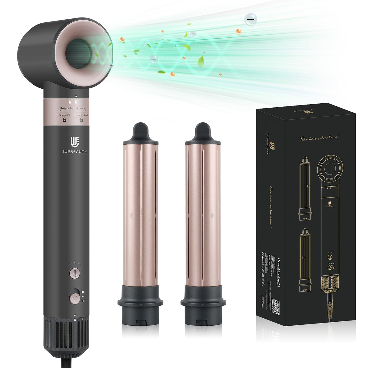 WeBeauty hair dryer hot air styler front view shows fast drying and frizz control