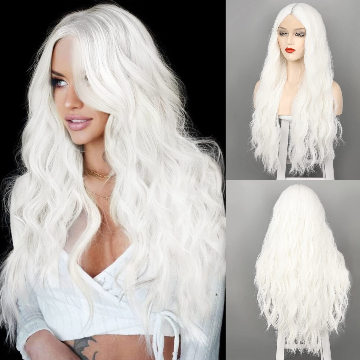 WECAN long white wig 28-inch wavy lace-front for natural daily wear and cosplay