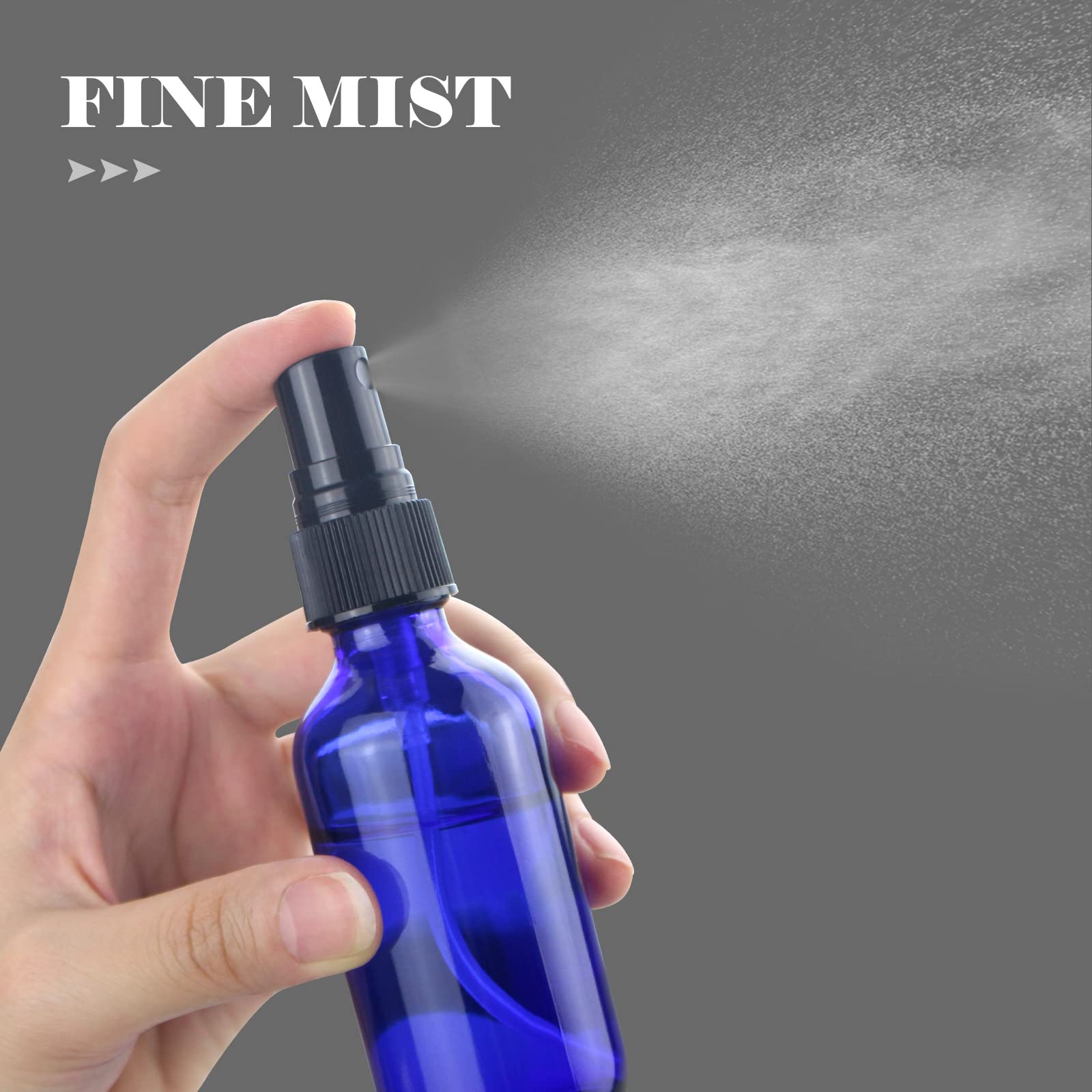 Wedama 4oz mini glass spray bottles blue close-up showing BPA-free nozzle benefits.
