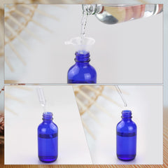 Wedama 4oz mini glass spray bottles blue funnel-included demonstrates easy filling.