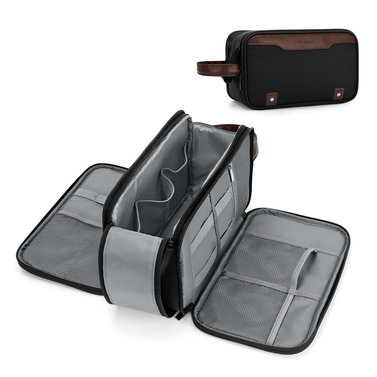 Wedama toiletry bag electronic organizer compartment keeps cords neatly arranged for travel.