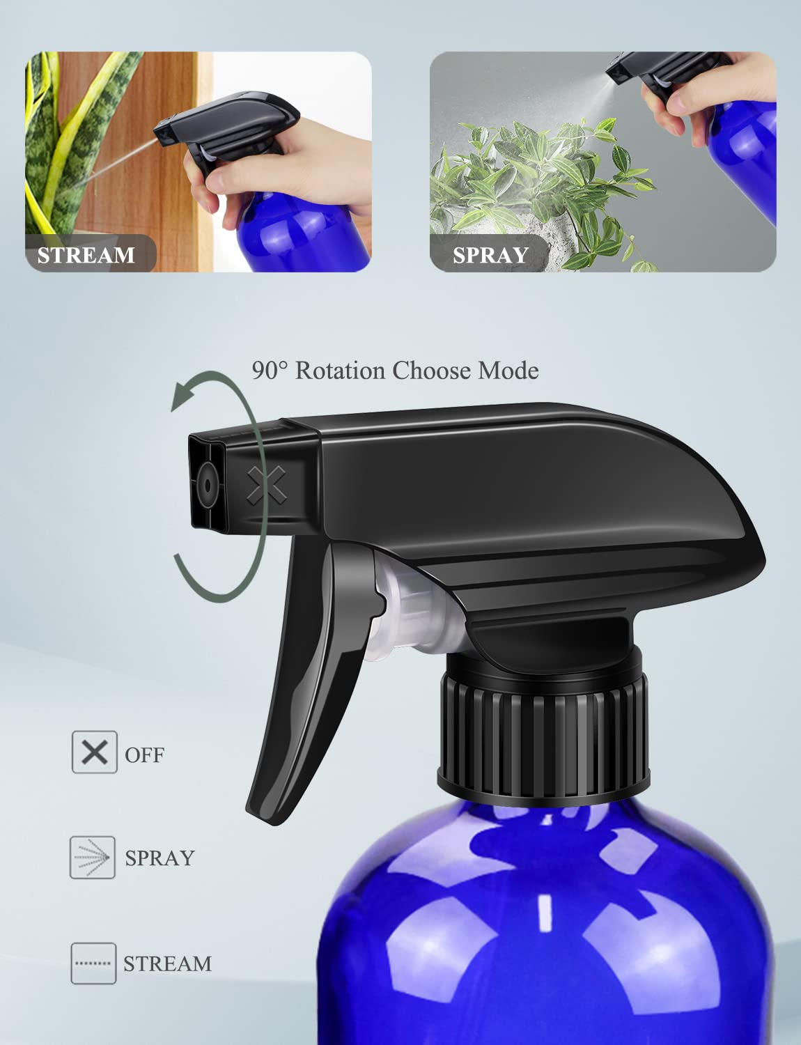 Wedama glass spray bottle blue cap close-up showing leak-free design