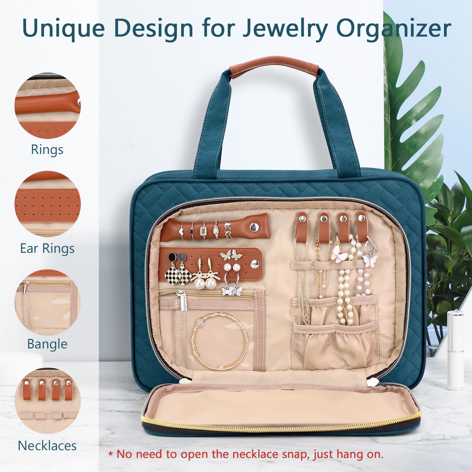 Wedama jewelry organizer compartment visible in front pocket keeps rings and earrings tidy on trips