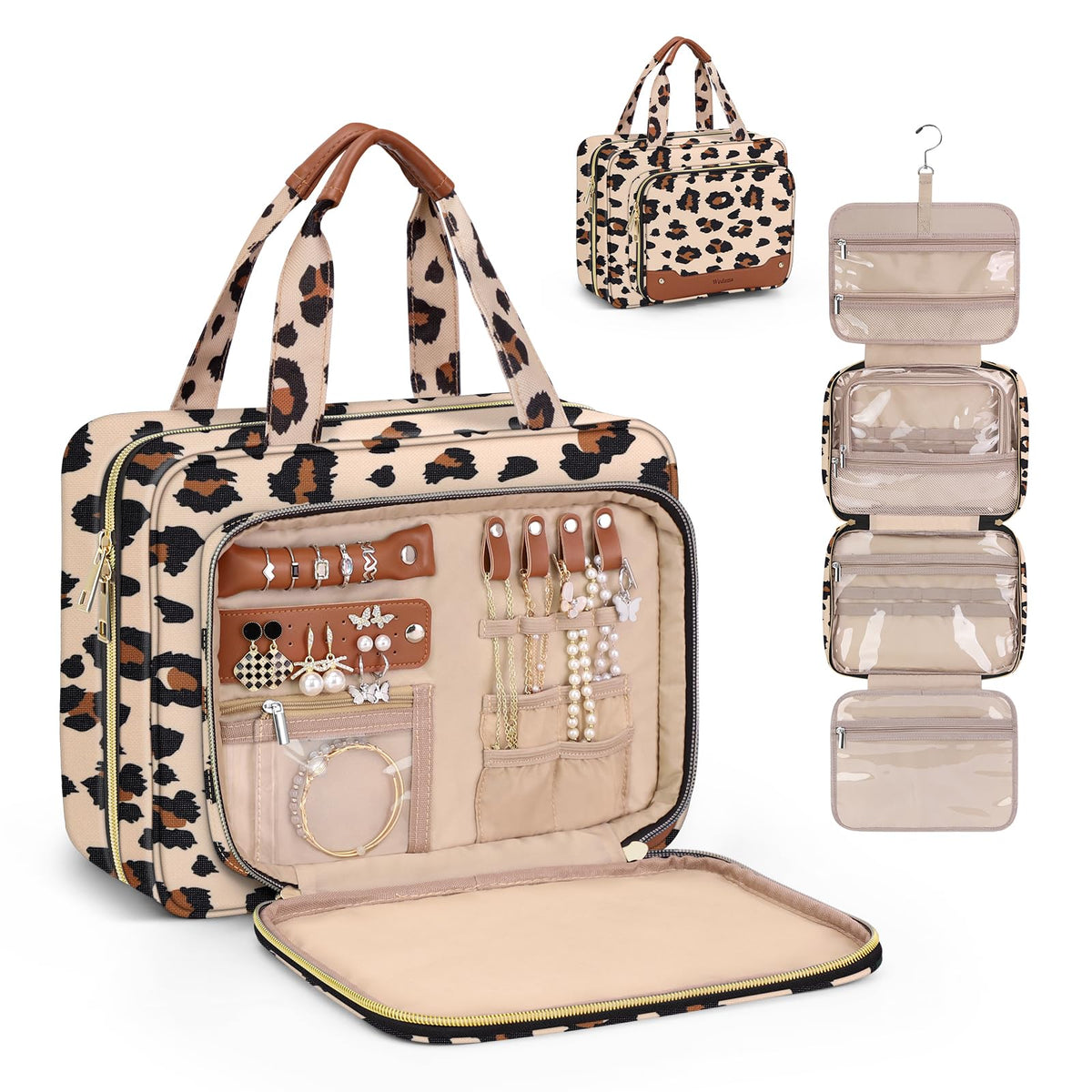 Wedama leopard print hanging toiletry bag with jewelry organizer for organized packing