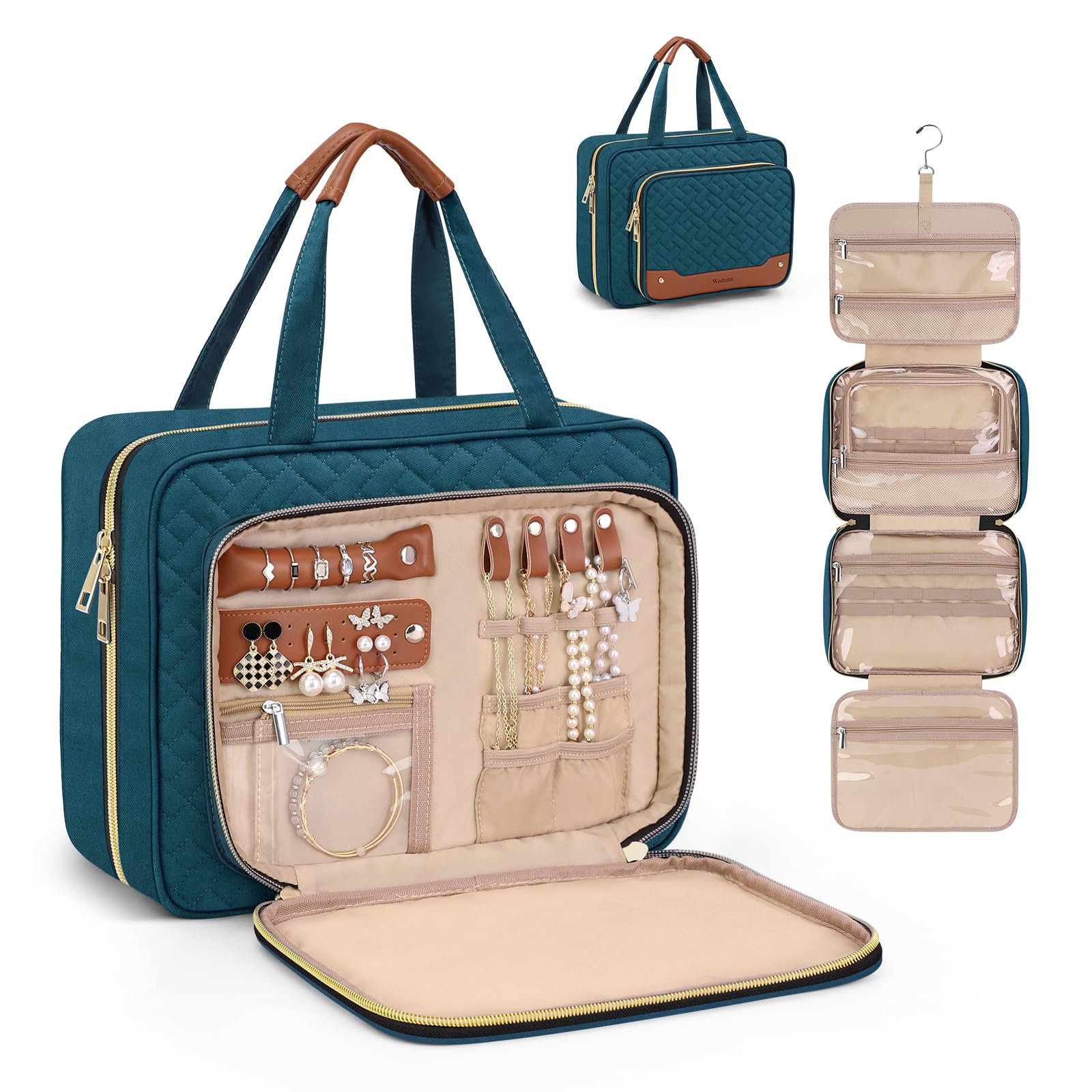 Wedama toiletry bag blue exterior with 360° hook for easy hanging and quick access
