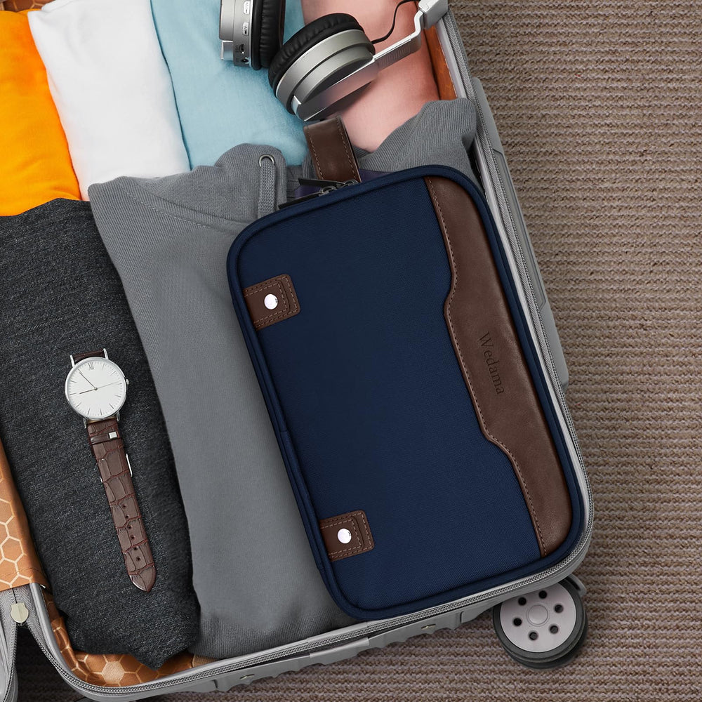 Wedama toiletry bag blue exterior with PU leather accents for a stylish travel companion