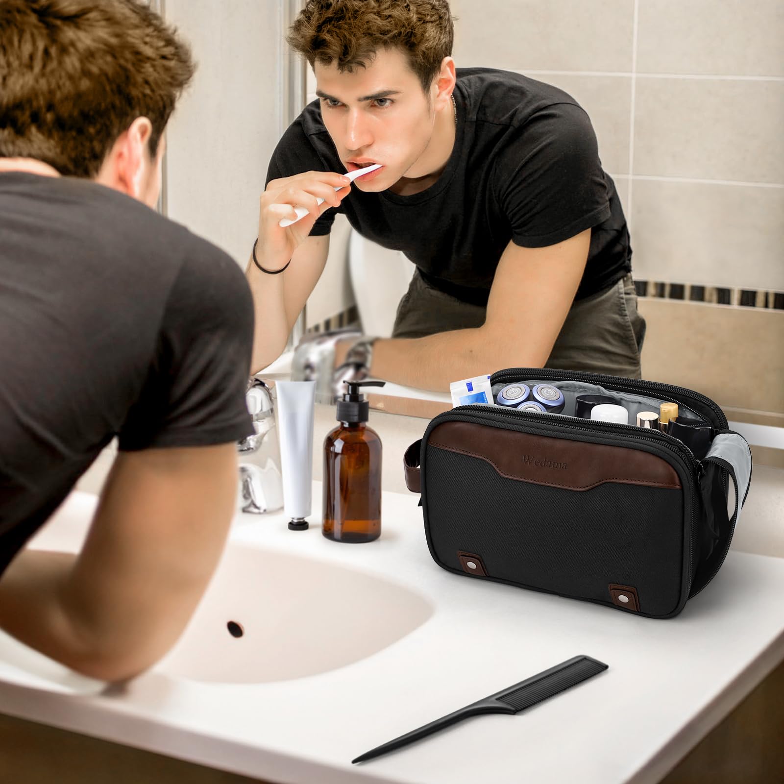 Wedama Toiletry Bag waterproof interior protects contents in wet environments.