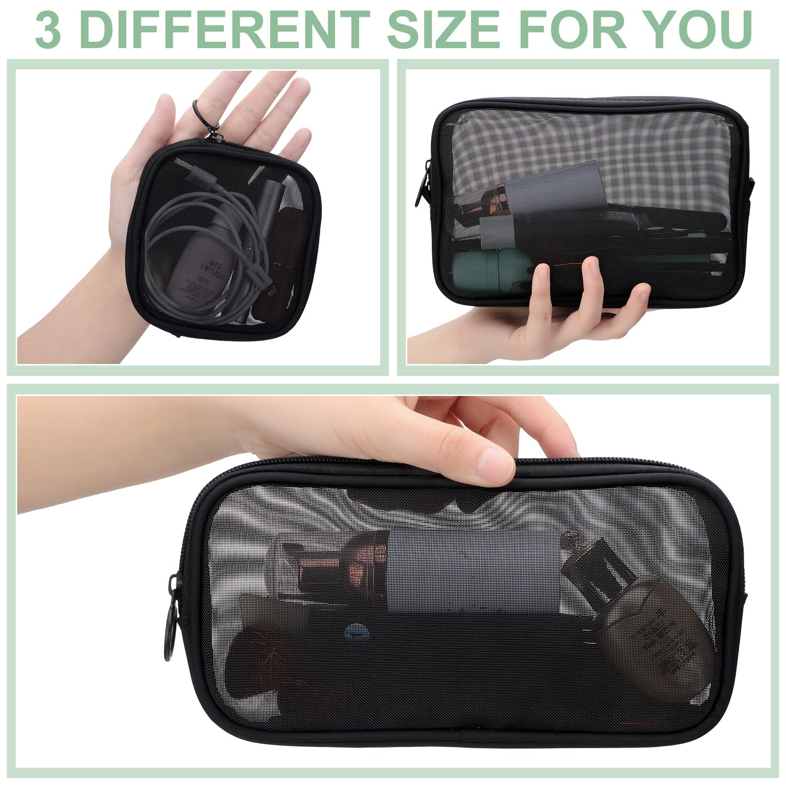 Weewooday mesh makeup bag sizes-illustration with small, medium, large options for versatile storage