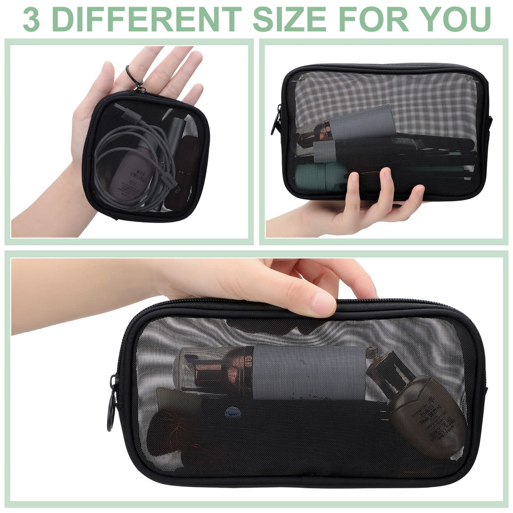 Weewooday mesh makeup bag sizes-illustration with small, medium, large options for versatile storage