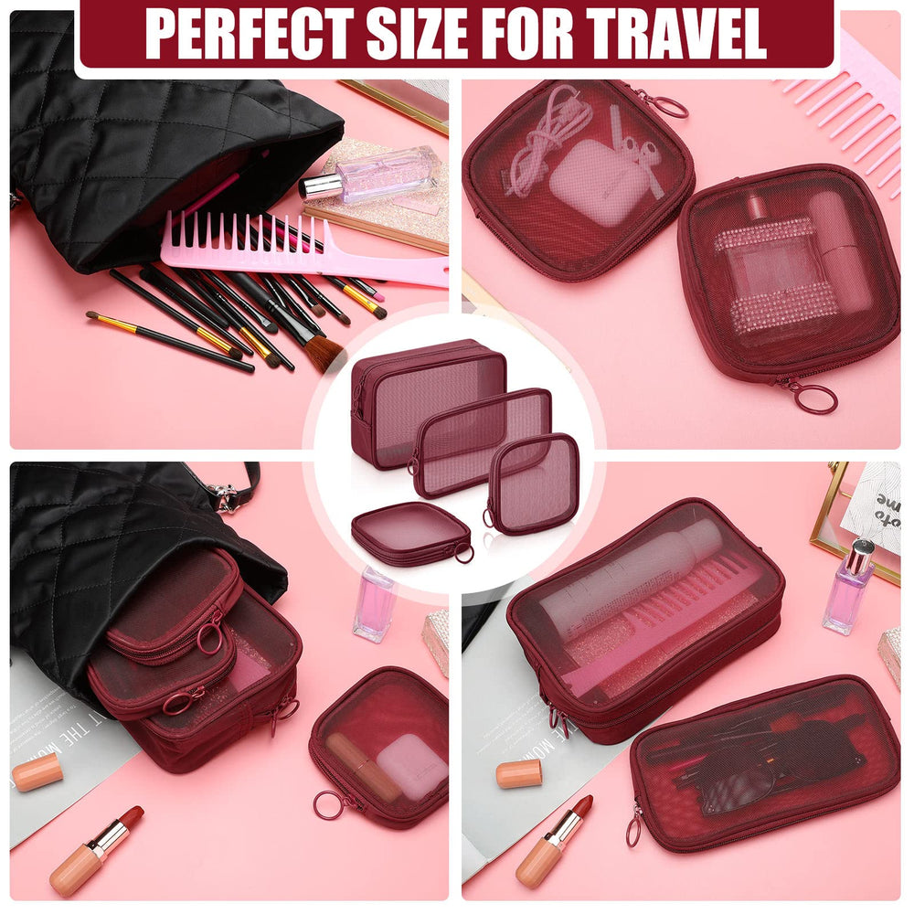 Weewooday wine-red mesh makeup bag combines style with organized travel.