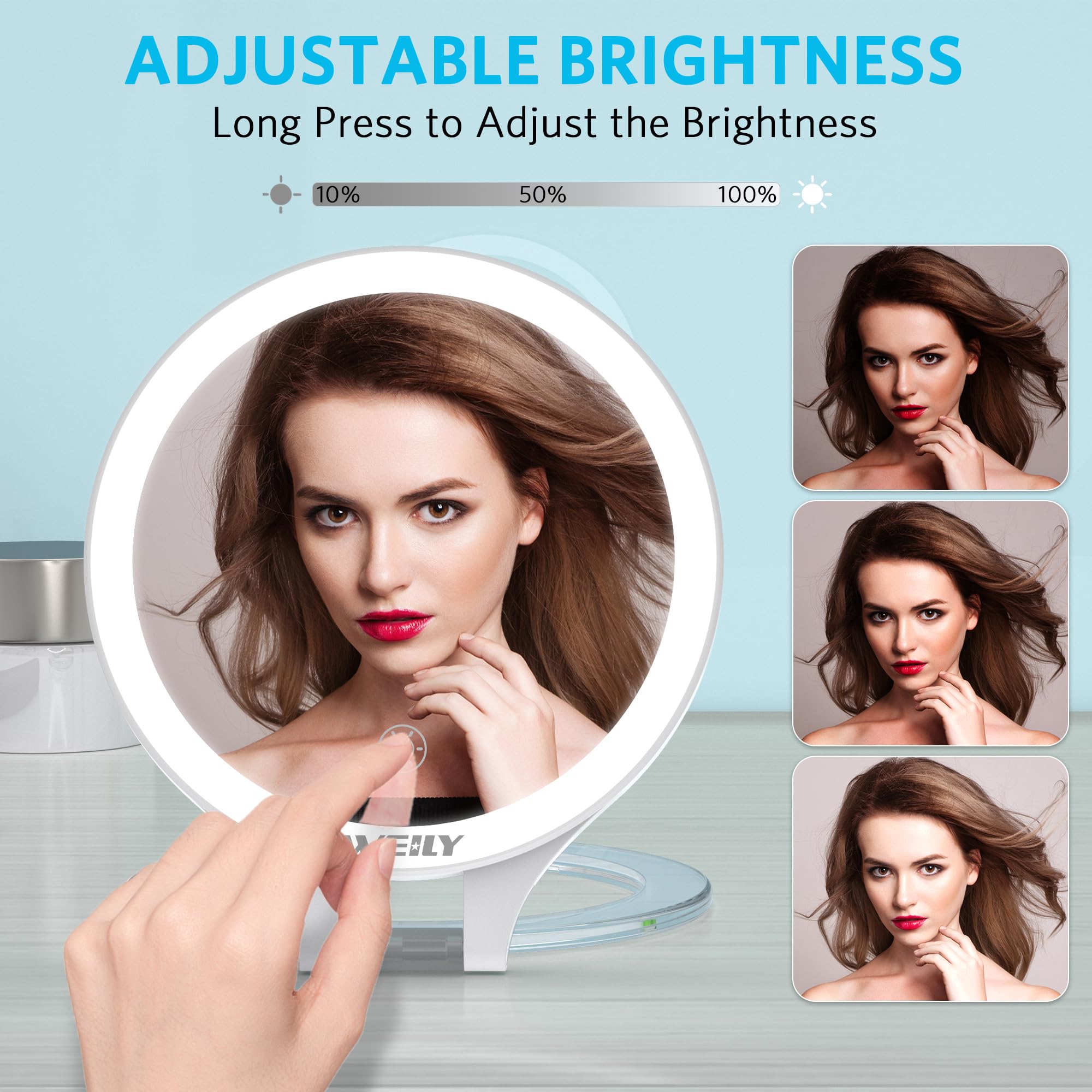 WEILY magnifying mirror folded compact for travel and easy packing.