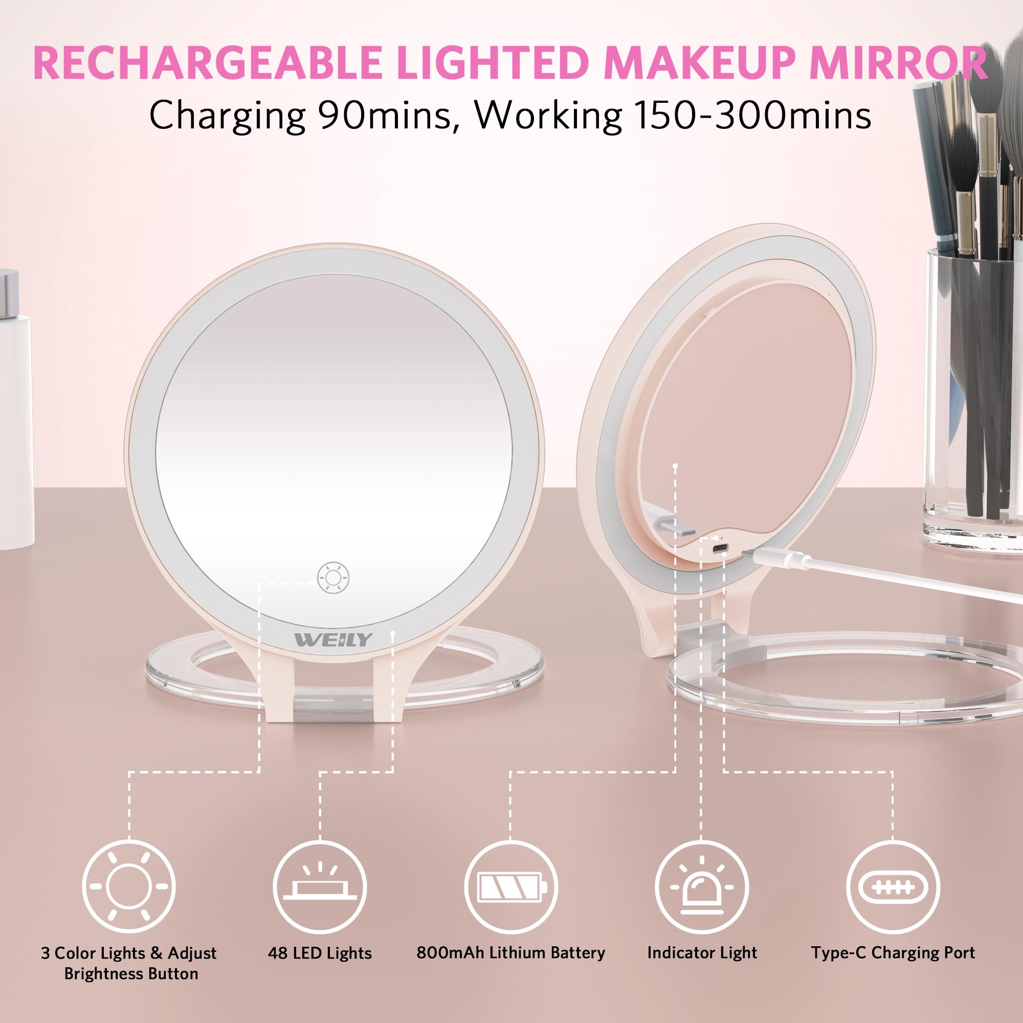 WEILY magnifying mirror rechargeable-800mAh battery lasts longer between charges.