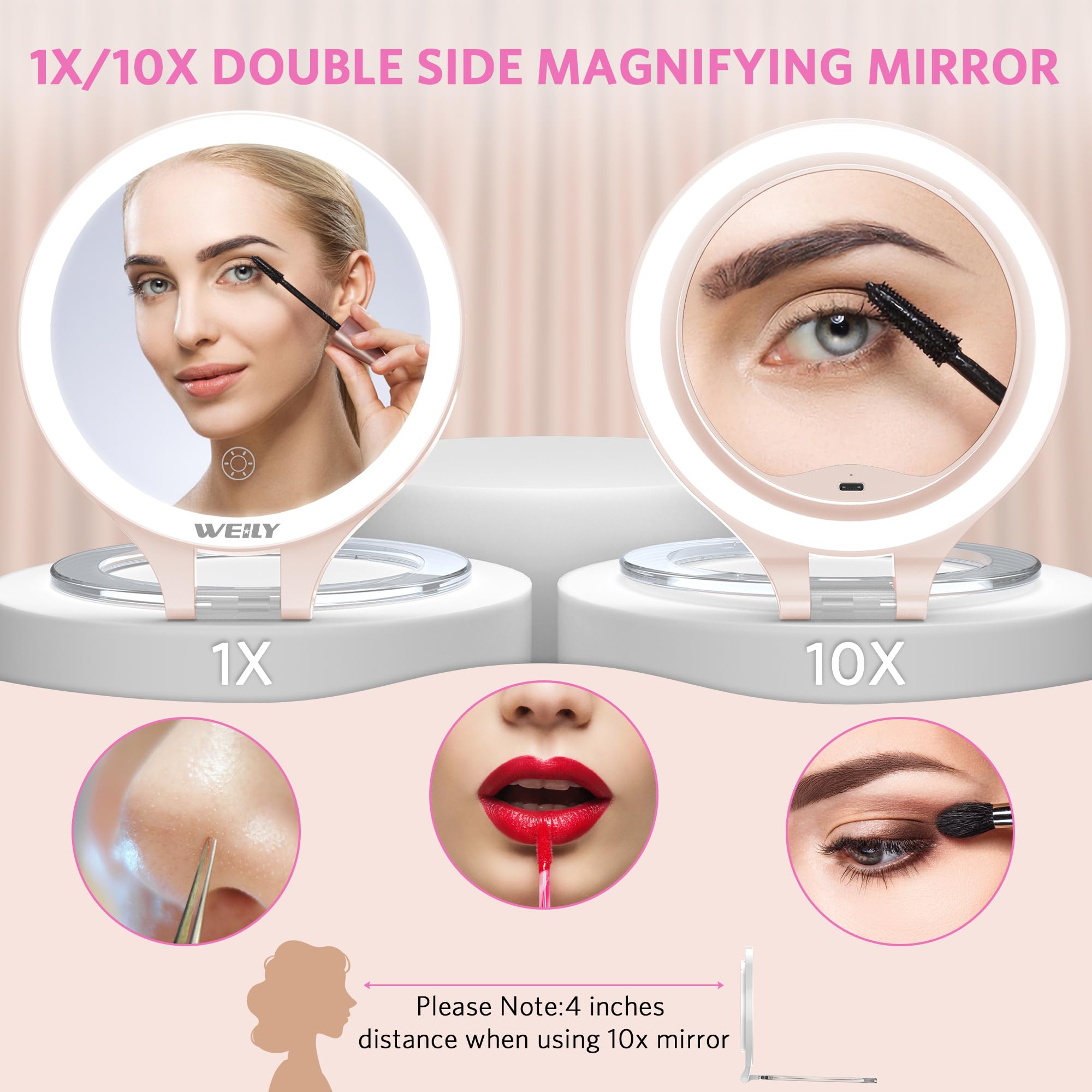 WEILY magnifying mirror USB-C charging supports convenient cordless use anywhere.