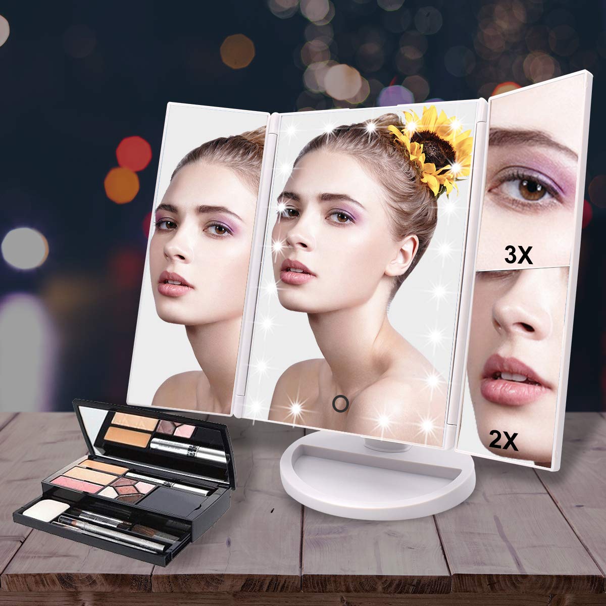 WEILY makeup mirror shows 2x and 3x magnification for precise detail work.
