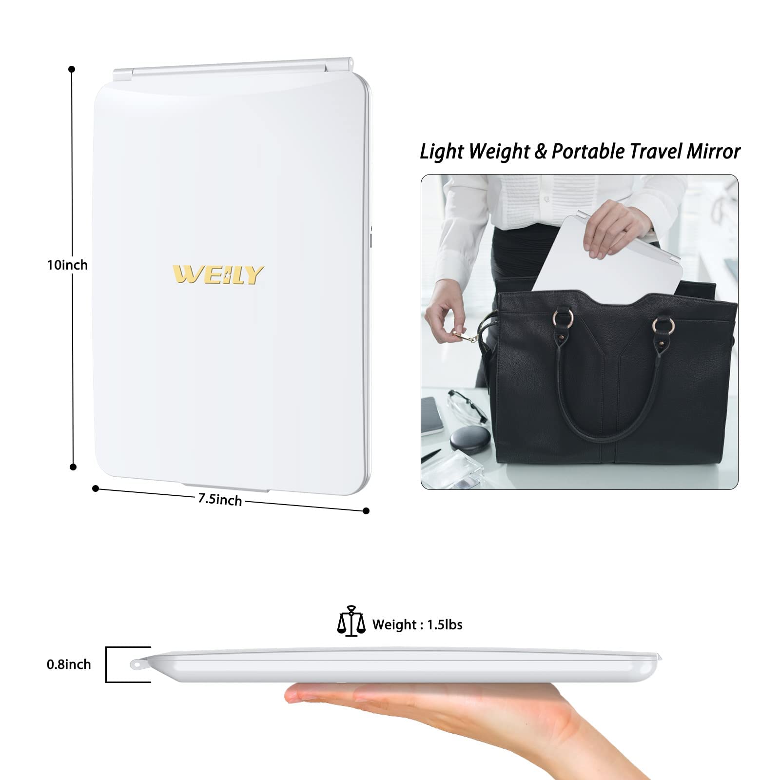 WEILY makeup mirror showing three color modes for day, office, or night touch-ups.