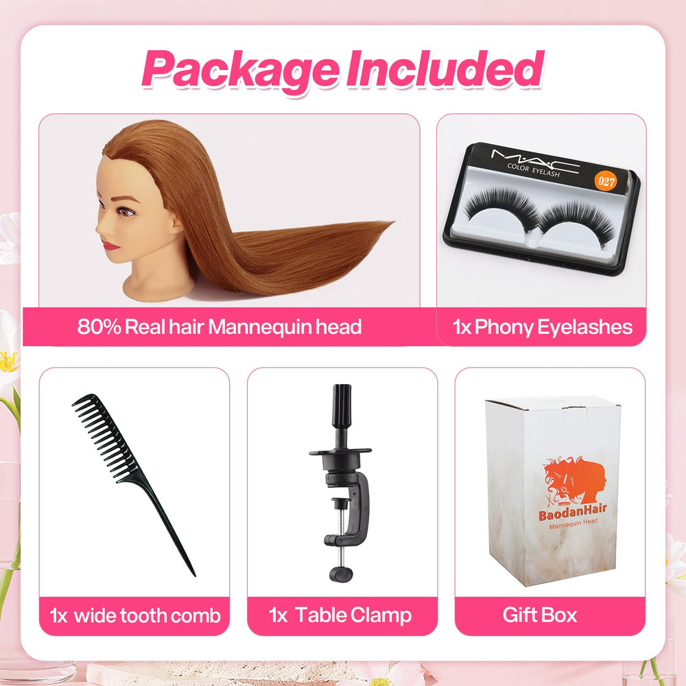 WeiRan mannequin head packaging includes clamp stand and eyelashes.
