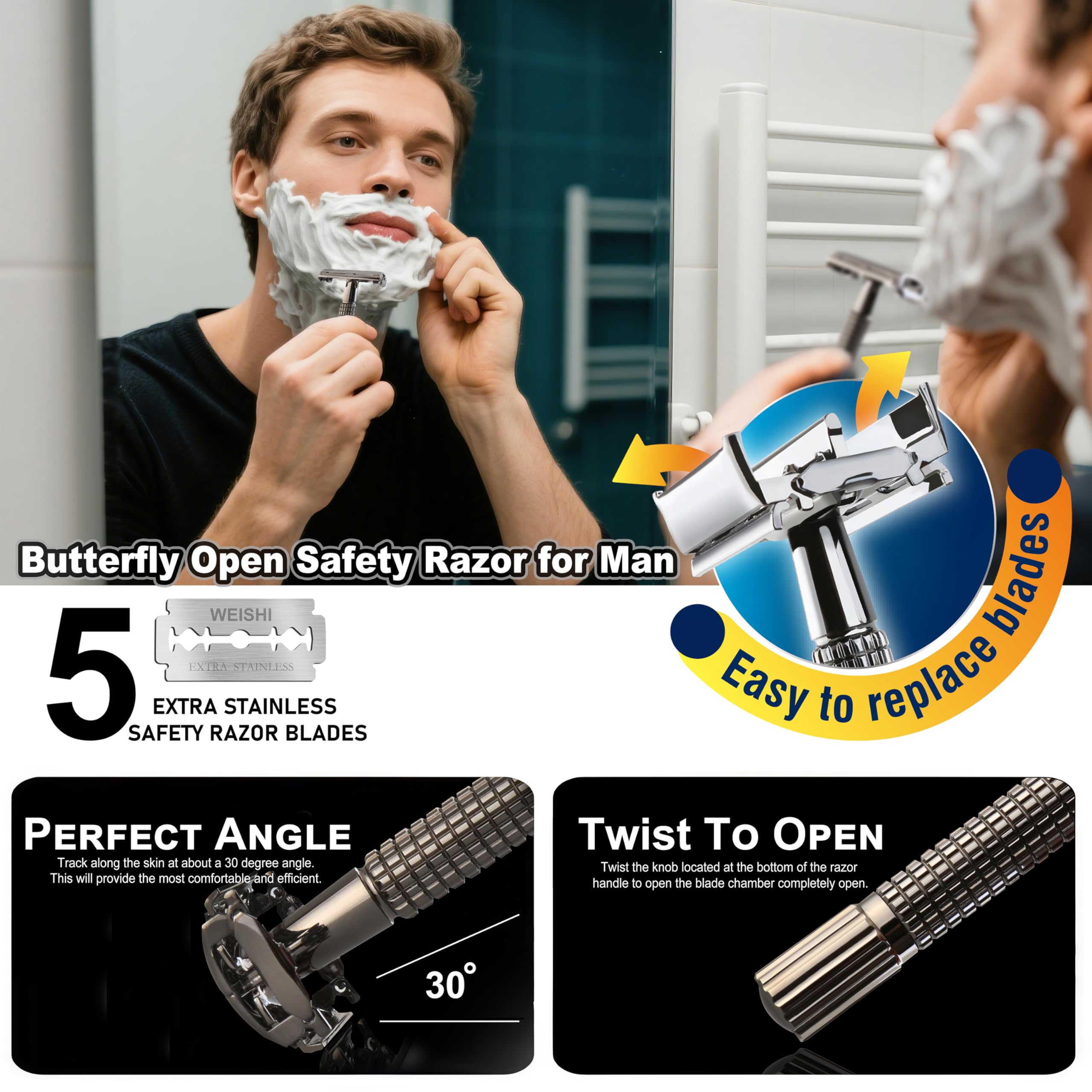 WEISHI long-handle safety razor offers a secure, nostalgic grip for steady shaves