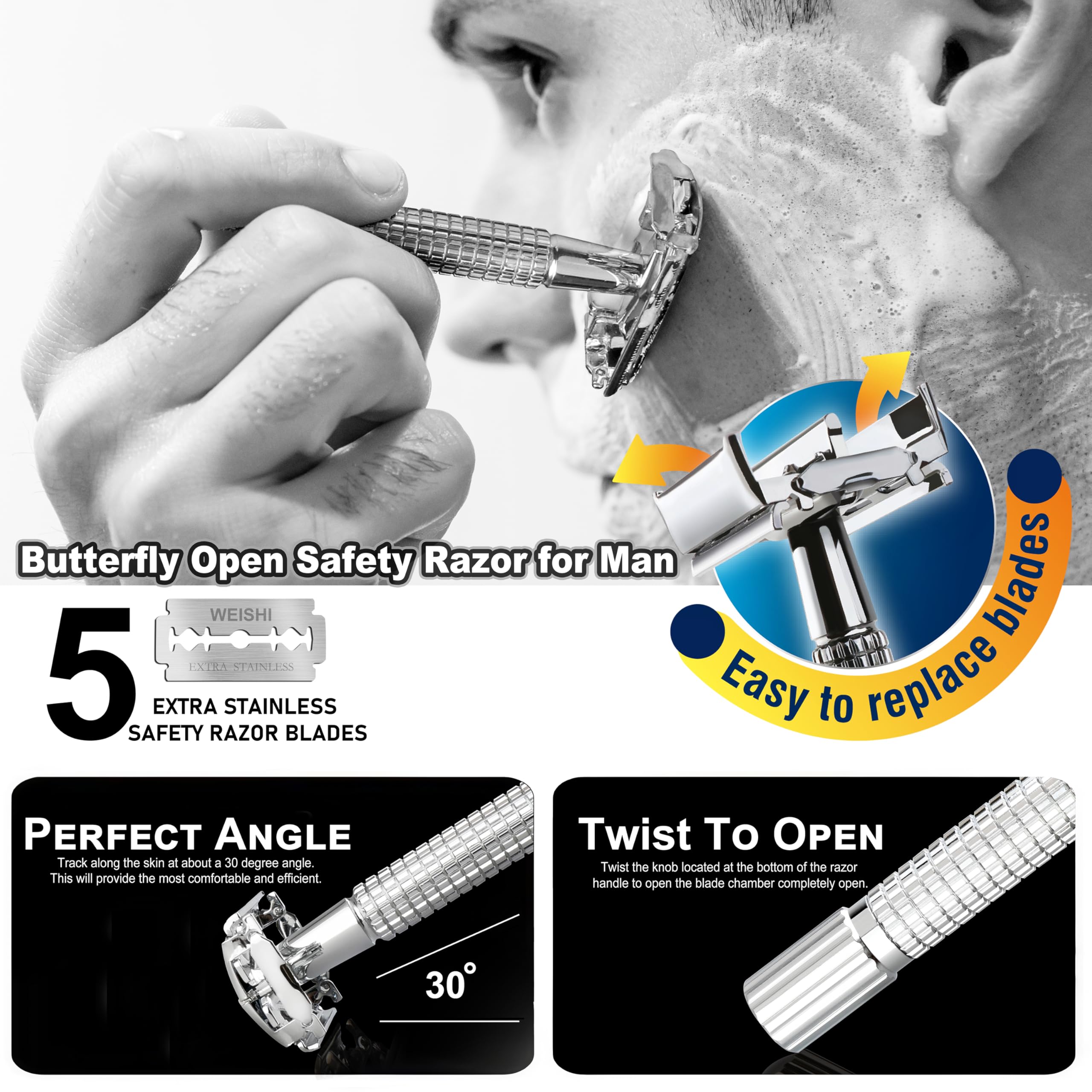 WEISHI razor blade-chamber twist enables quick blade changes during grooming.